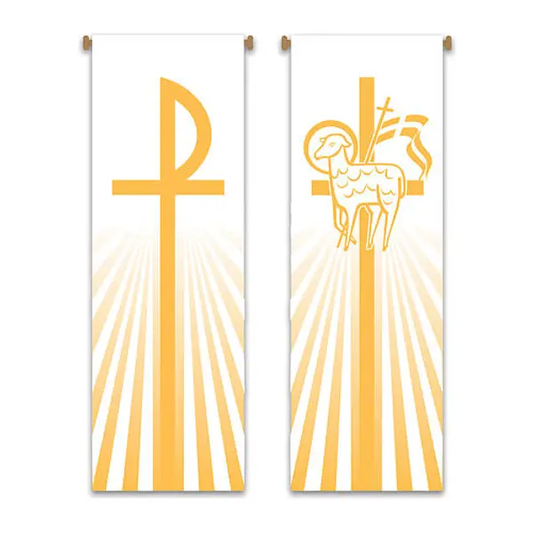 Ensemble drapeaux Slabbinck jaunes monogramme du Christ et agneau de Dieu 300x100 cm
