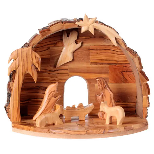Cabane Sainte Famille bois d'olivier Bethléem stylisée 15x20x10 cm