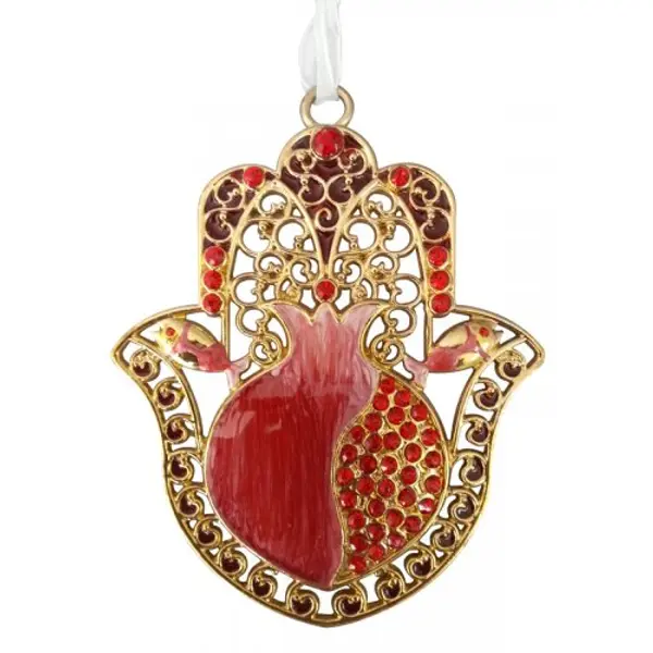 Décoration murale Hamsa - Grenade en émail rouge et cristaux