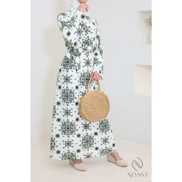Robe longue imprimée effet lin Aleyna Kaki